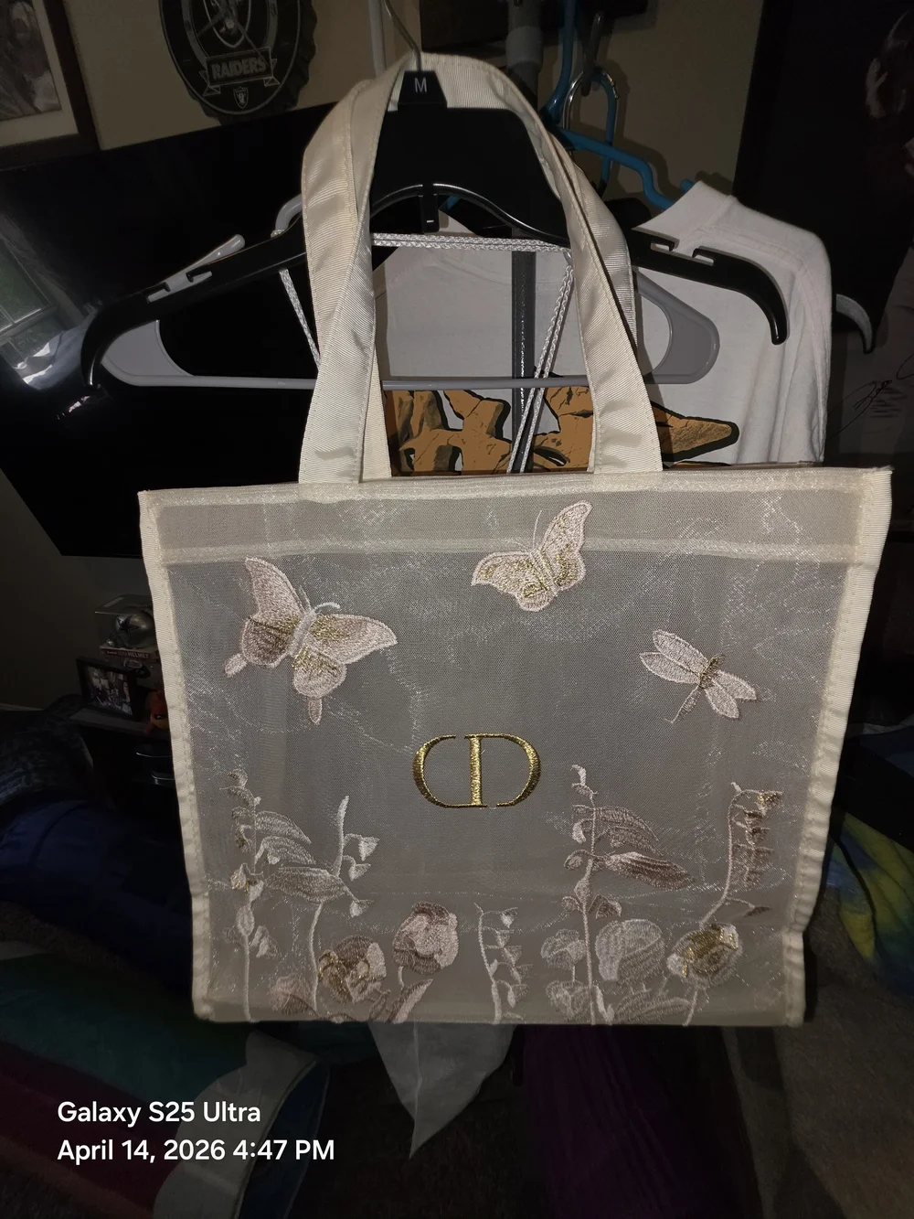 Dior Cream Embroidered Butterfly Tote with Gold CD Logo